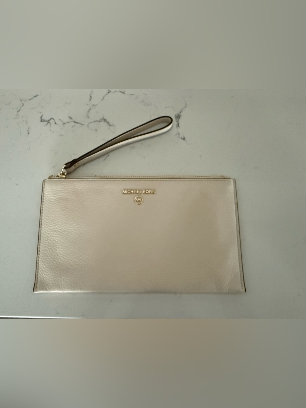 Michael Kors Beige Leather Wristlet Clutch with Gold Hardware